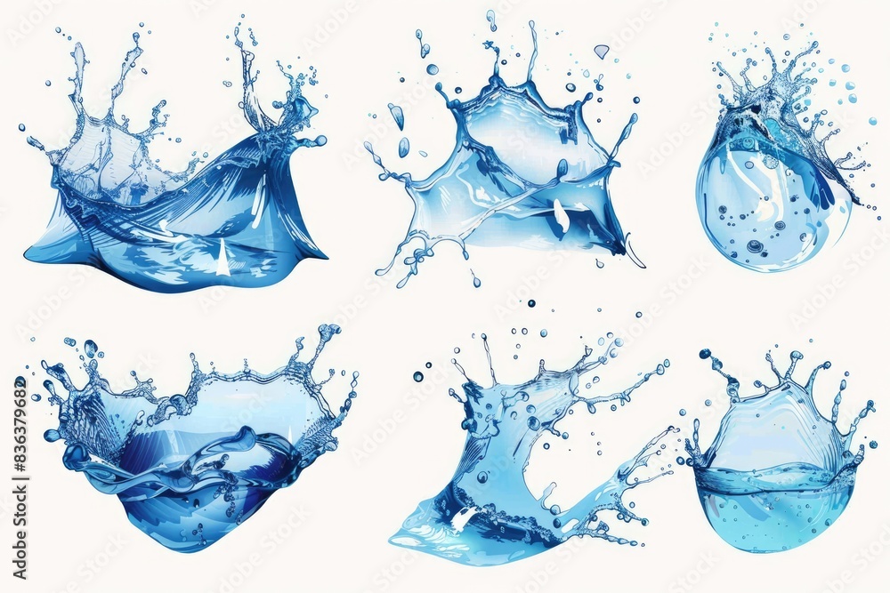 Dynamic Water Splash Collection. Illustration of Water Droplets in Fresh Blue Tones Dynamic Water Splash Collection. Illustration of Water Droplets in Fresh Blue Tones