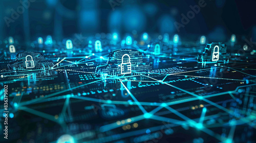 Visual depiction of a cyber security concept showcasing lock and key symbols binary code elements and network connections highlighting the importance of safeguarding digital assets photo