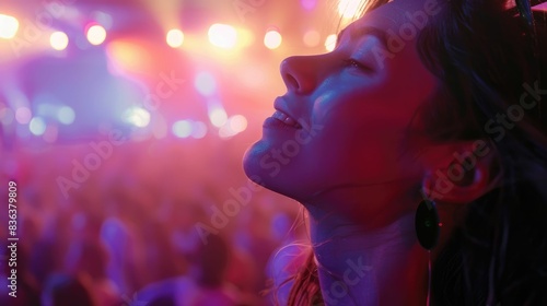 A woman is performing on stage under the orange lens flare  in the heat of an exciting concert event. The darkness is lit up by her music  creating a fun and entertaining night for all in attendance