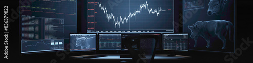 Experience futuristic trading with high-tech charts alongside symbolic bull and bear figures, all in realism