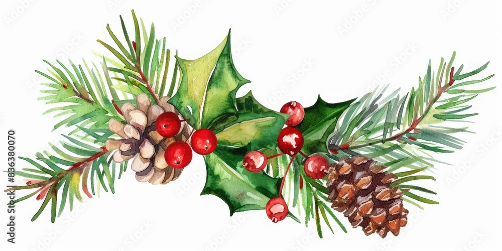 Fototapeta premium Festive Holiday Decoration. Watercolor Illustration of Holly Berry and Pine Cone with Green Pine Needle Branch, Traditional Christmas Symbol