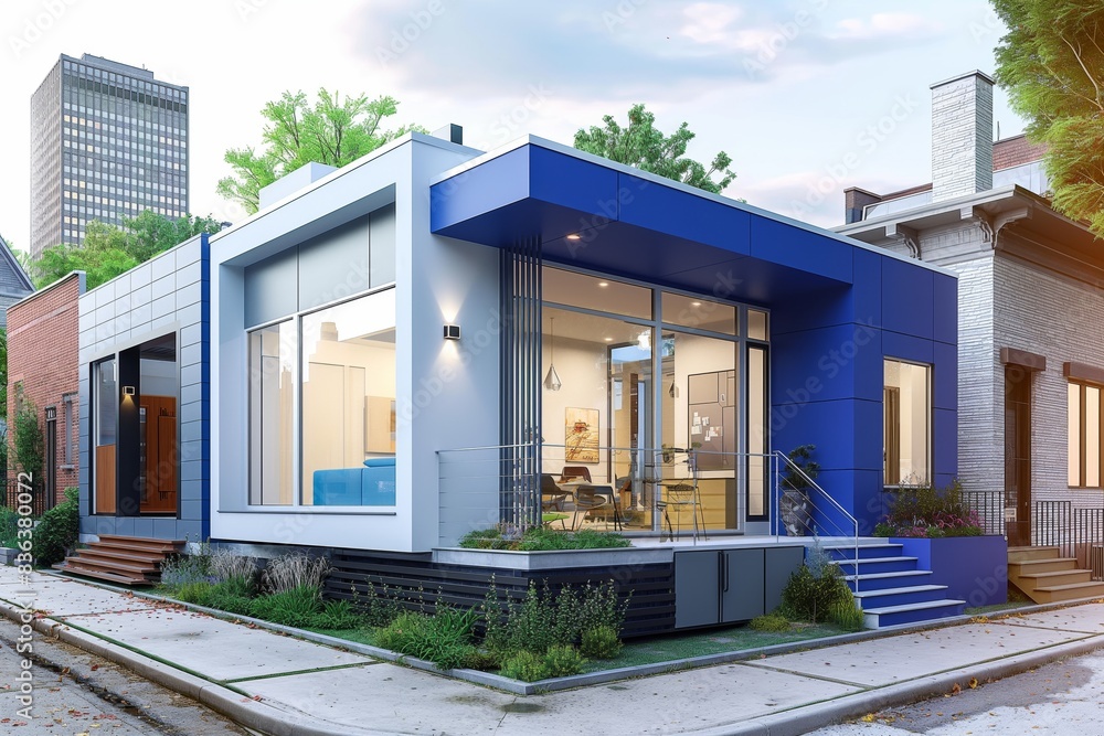 modern blue container house exterior with garden, minimalism design, idea for sustainability for environmental preservation real estate concept,