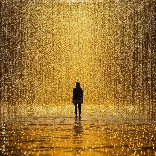 Silhouette of a man standing in front of a waterfall of golden sparkling garland lights. Concept: city street decorations © Marynkka_muis