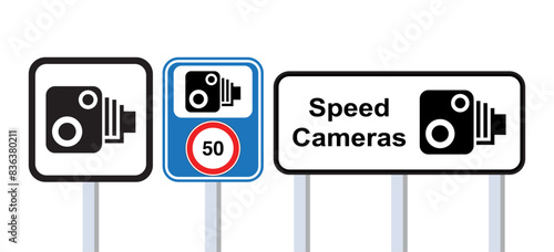 Speed-limit  and traffic safety cameras. Blue and White Monochrome road speed camera sign. Speed camera sign on pole. vector illustration.