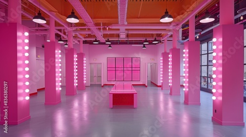 Modern interior space with bright pink walls and columns decorated with rows of glowing bulbs creating bright lighting © Marynkka_muis