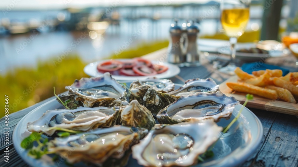 A coastal restaurant specializing in oyster dishes, with diners enjoying freshly shucked bivalves overlooking scenic ocean views. A coastal restaurant specializing in oyster dishes, with diners enjoying freshly shucked bivalves overlooking scenic ocean views.