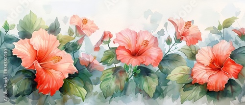Watercolor illustration of hibiscus surrounded by a floral border, isolated on a light grey background photo
