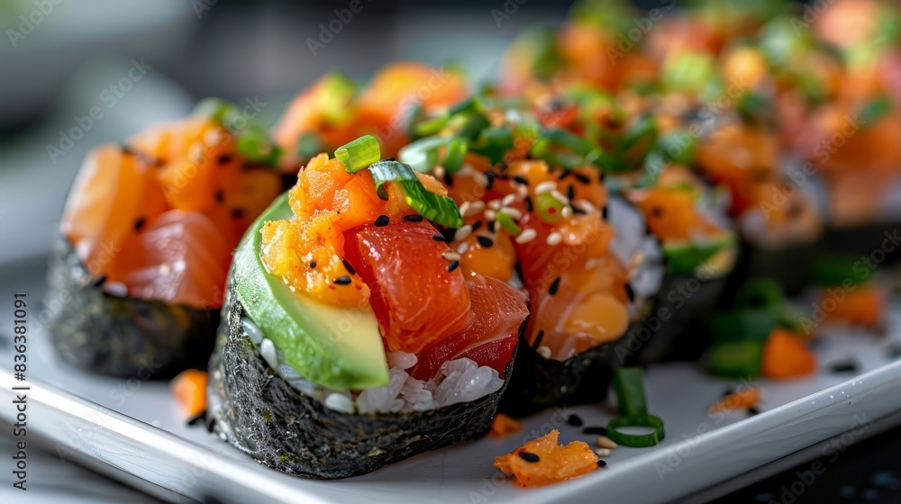 A plate of sushi with avocado and other ingredients A plate of sushi with avocado and other ingredients
