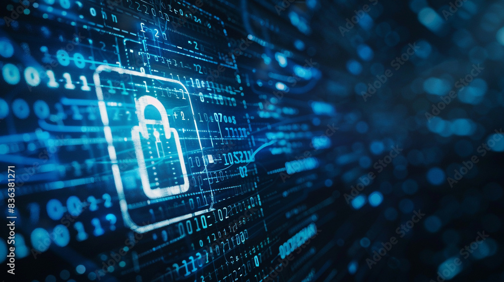 Visual representation of cybersecurity concept emphasizing user privacy security and encryption for secure internet access. Future technology and cybernetics theme with a screen padlock icon. Visual representation of cybersecurity concept emphasizing user privacy security and encryption for secure internet access. Future technology and cybernetics theme with a screen padlock icon.