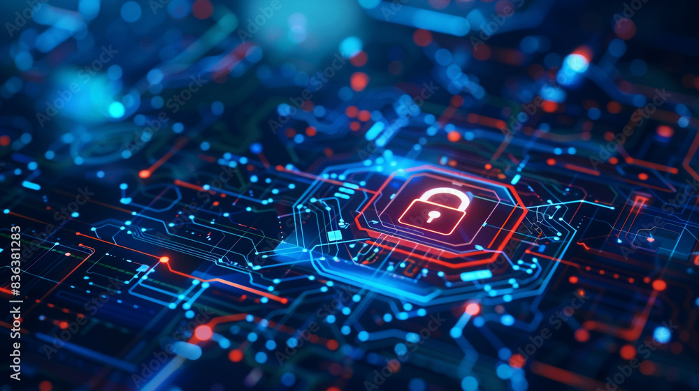 Fototapeta premium Visual representation of cybersecurity concept emphasizing user privacy security and encryption for secure internet access. Future technology and cybernetics theme with a screen padlock icon.