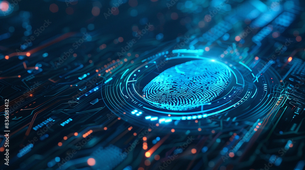 Visual representation of futuristic digital processing of a biometric fingerprint scanner depicting cutting-edge surveillance and security scanning of digital programs and fingerprint biometrics Visual representation of futuristic digital processing of a biometric fingerprint scanner depicting cutting-edge surveillance and security scanning of digital programs and fingerprint biometrics
