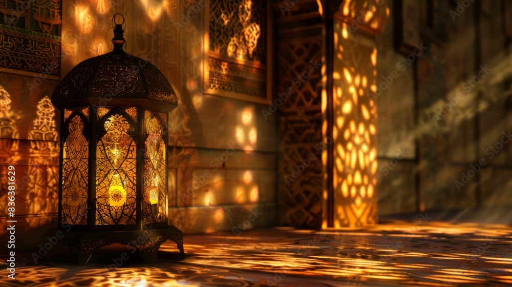 A decorative lantern glowing with candlelight, casting intricate patterns on the walls of a dimly lit room A decorative lantern glowing with candlelight, casting intricate patterns on the walls of a dimly lit room