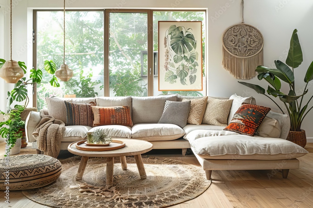 Cozy living room with modern bohemian decor including a large sectional sofa, plants, a coffee table, and wall art. Sunlit interior. Cozy living room with modern bohemian decor including a large sectional sofa, plants, a coffee table, and wall art. Sunlit interior.