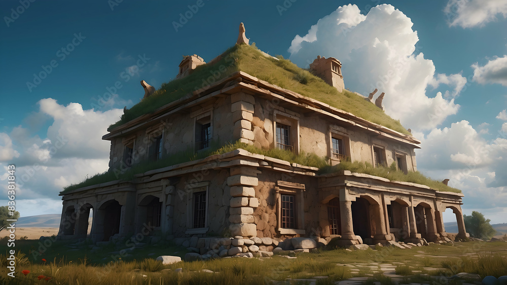 Obraz premium Old stone cottage with a grassy roof