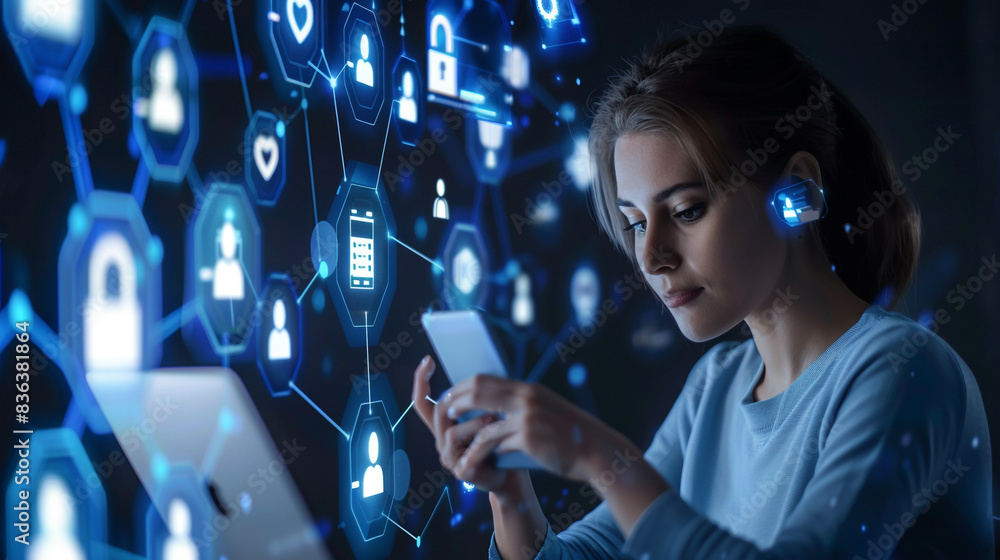 Woman using smartphone and laptop surrounded by icon graphics of cyber security network connected devices and personal data security Woman using smartphone and laptop surrounded by icon graphics of cyber security network connected devices and personal data security