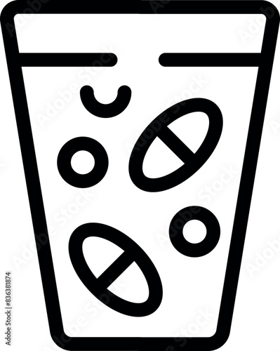 Black and white line art of effervescent tablets dissolving in a glass of water