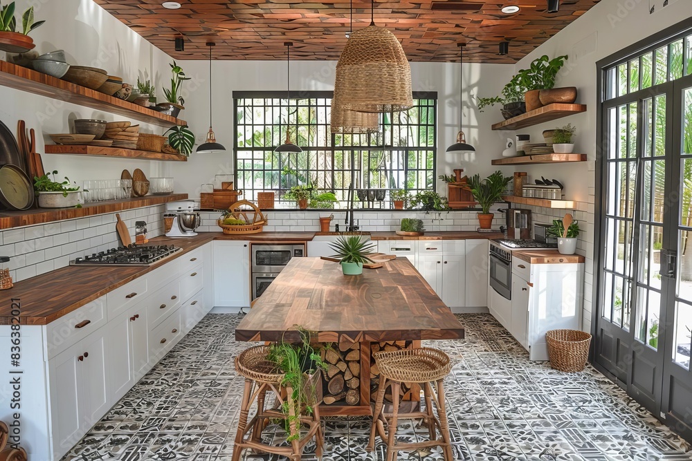 A stylish BohoChic kitchen with white cabinets and dark wood countertops The floor is made of patterned tiles A stylish BohoChic kitchen with white cabinets and dark wood countertops The floor is made of patterned tiles