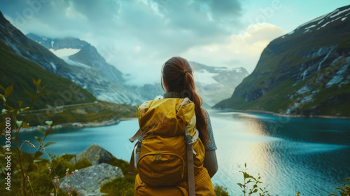 A woman is sitting on a mountain top with a yellow backpack and a view of a lake