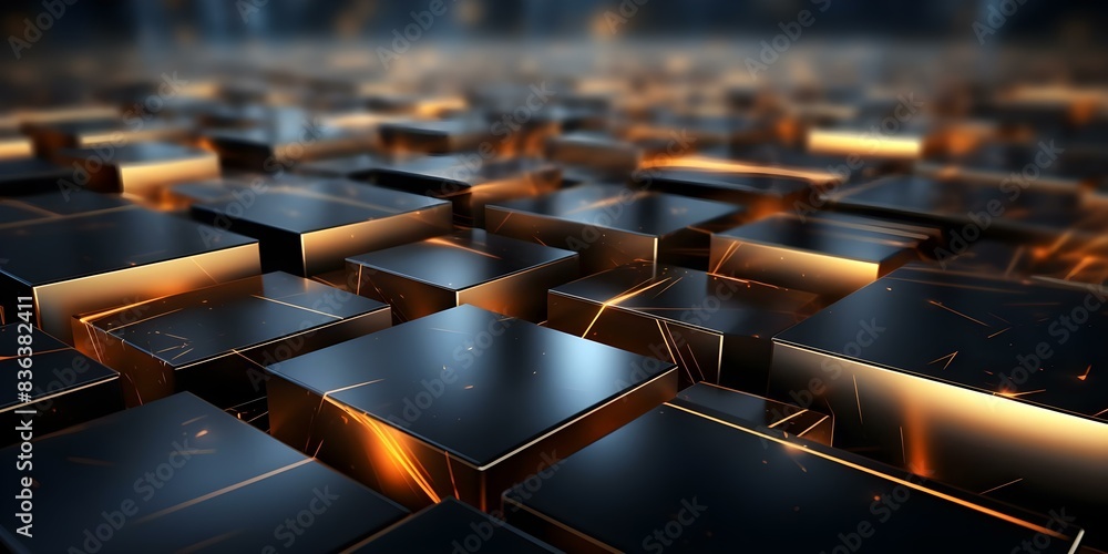 Obraz premium Gold Light Effects on Metal Background with Abstract Black Squares. Concept Gold Light Effects, Metal Background, Abstract Black Squares, Artistic Design, Unique Composition