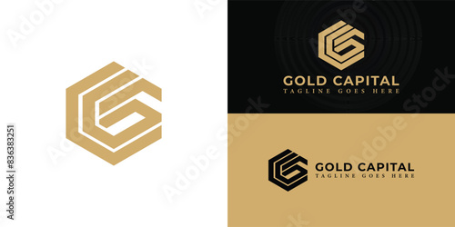 Abstract initial hexagon letters GC or CG logo in gold color isolated on multiple background colors. The logo is suitable for accounting and financial company logo design inspiration templates.