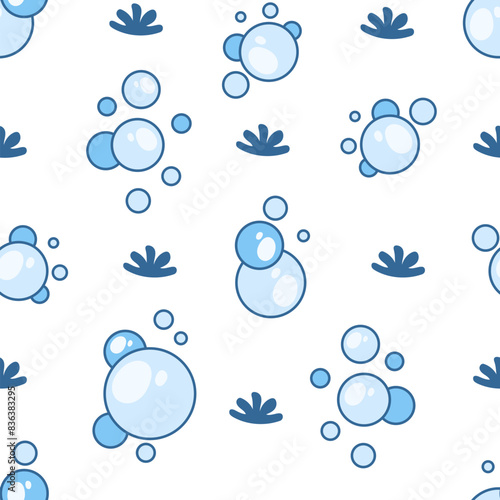 Flying soap bubbles shapes. Seamless pattern. Bath, shampoo, shaving. Hand drawn style. Vector drawing. Design ornaments.