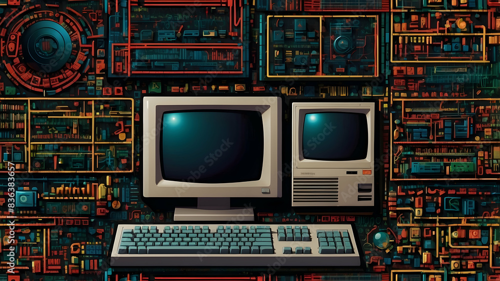 Retro computer setup in a circuit board room Retro computer setup in a circuit board room
