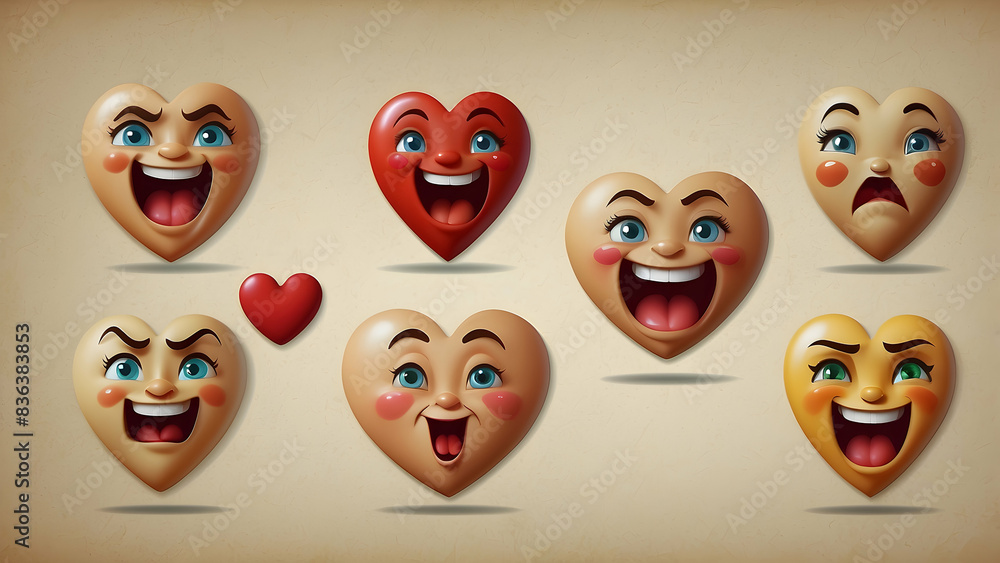 Animated hearts with expressive faces on old paper Animated hearts with expressive faces on old paper