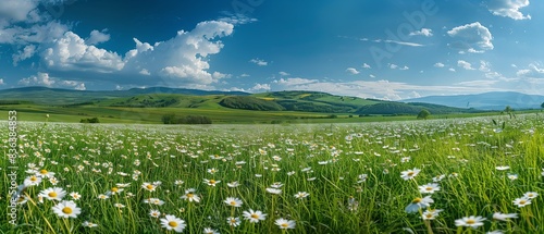 Fototapeta Naklejka Na Ścianę i Meble -  Beautiful spring and summer natural panoramic pastoral landscape with blooming field of daisies in the grass in the hilly countryside