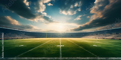 Image of a green American football stadium field ready for game. Concept Sports, Football, Stadium, Green Field, Competition