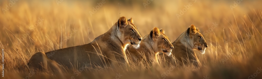 Naklejka premium lioness in dry grass field savannah landscape
