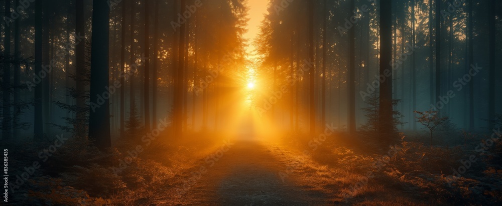 mystical sunlight shine through pine tree forest cover with misty fog