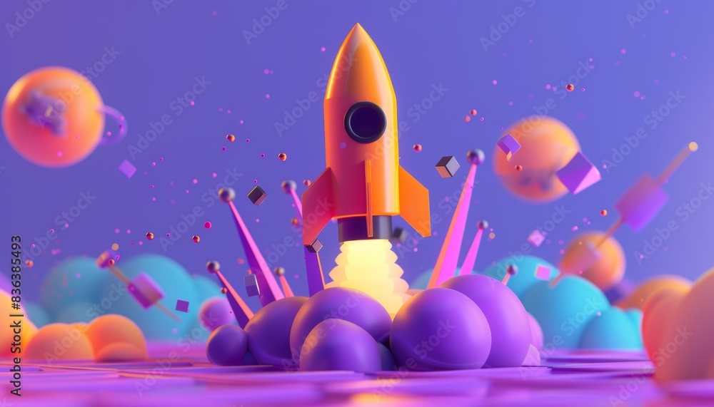 Naklejka premium Vibrant 3D illustration of an orange rocket launching among colorful geometric shapes and clouds on a purple background.