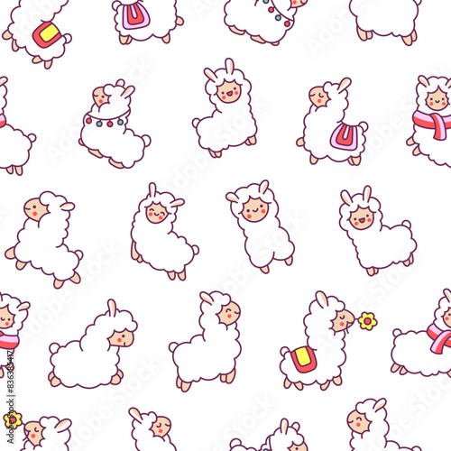 Beautiful alpaca cartoon character. Seamless pattern. Cute kawaii animal. Hand drawn style. Vector drawing. Design ornaments.