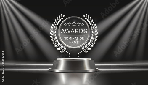 Awards nomination name podium, silver prize event, scene star ceremony. Vector illustration