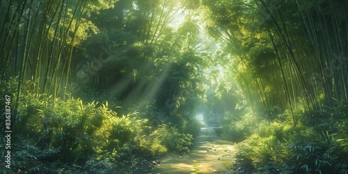 Peaceful Trail in Dense Bamboo Forest  generative ai