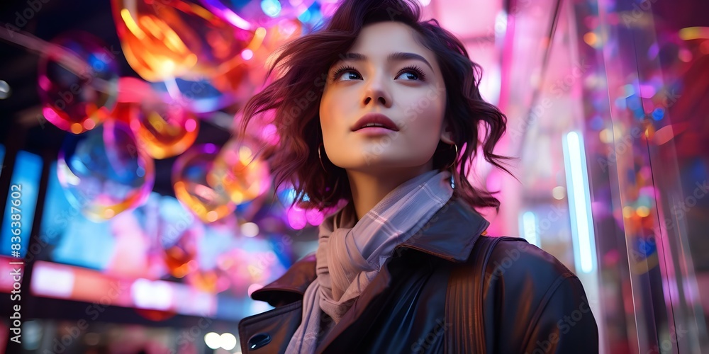 Woman in smart city with neon background connecting businesses with big data. Concept Smart City, Neon Background, Woman, Big Data, Business Connections Woman in smart city with neon background connecting businesses with big data. Concept Smart City, Neon Background, Woman, Big Data, Business Connections