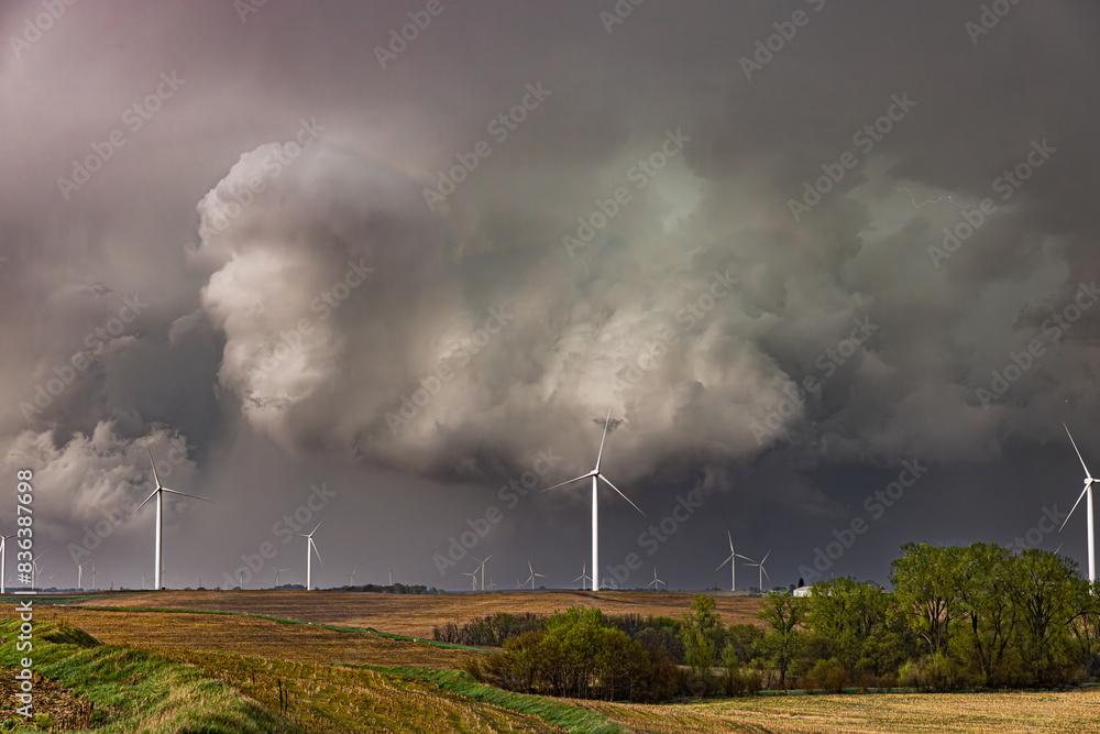 A severe storm moves over wind turbines in Iowa A severe storm moves over wind turbines in Iowa