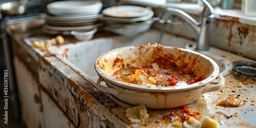 Messy pile of dishes left in sink after a meal at home. Concept Dirty Dishes, Post-Meal Chaos, Messy Kitchen, Home Cleanup, Household Chores photo