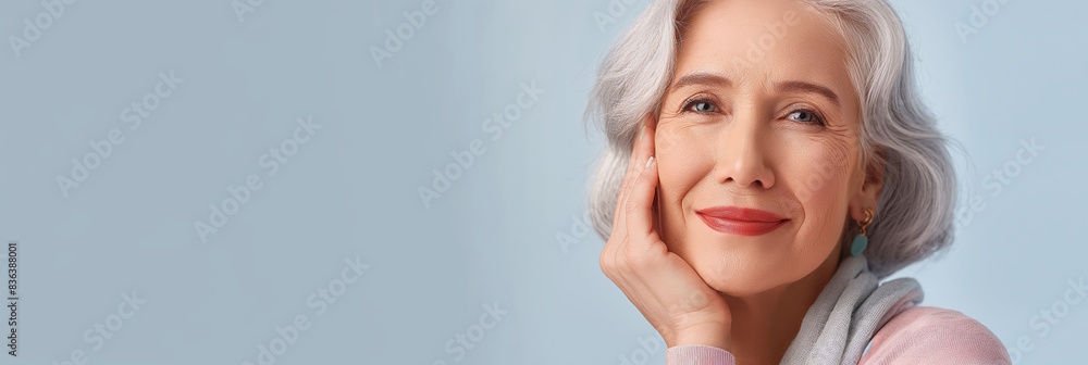 Smiling elderly white woman with hand on face, concept of contentment and elegance with copy space Smiling elderly white woman with hand on face, concept of contentment and elegance with copy space
