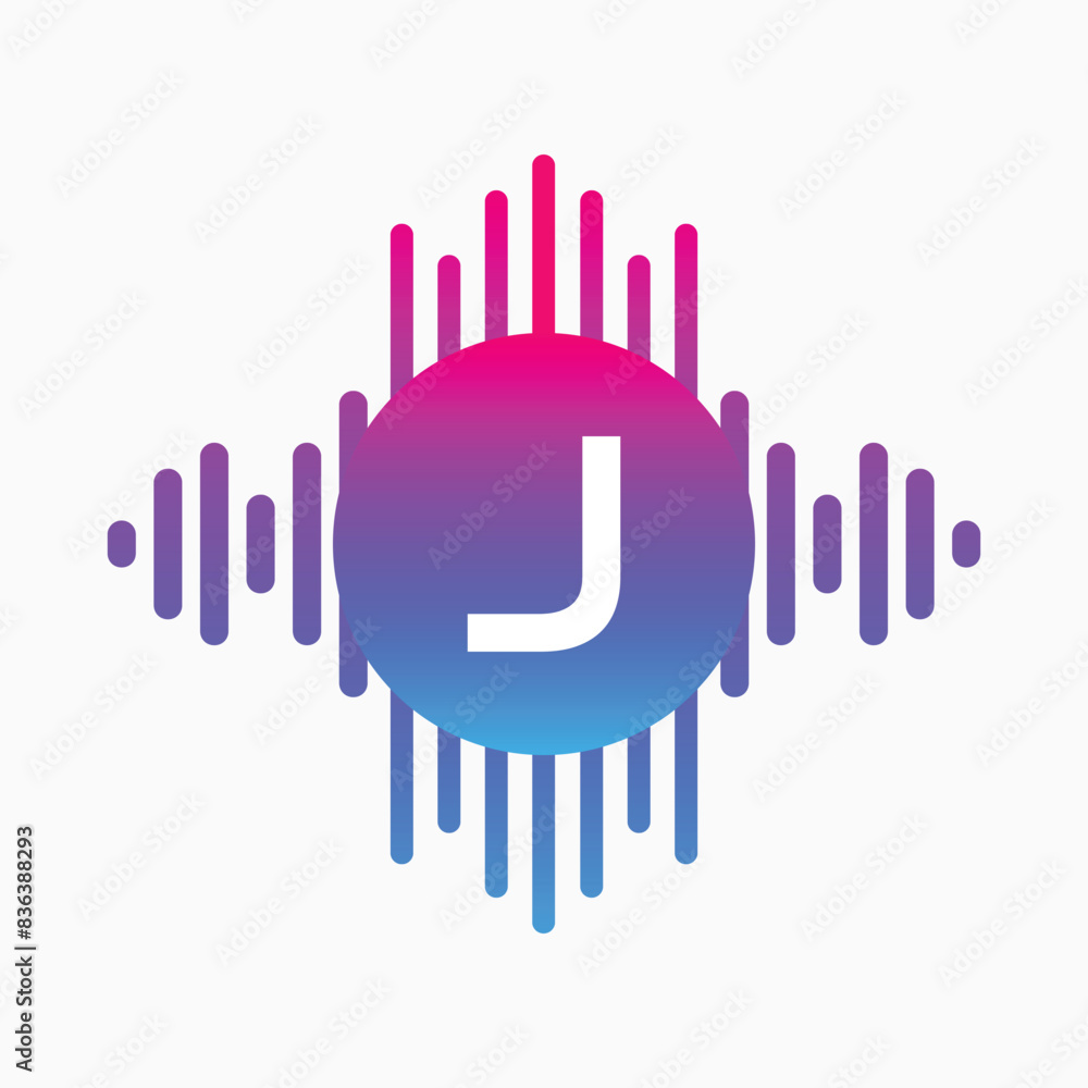 Obraz premium letter J Logo with Pulse music player element. Logo template electronic music, equalizer, dj, nightclub, disco. Audio wave logo concept, Multimedia