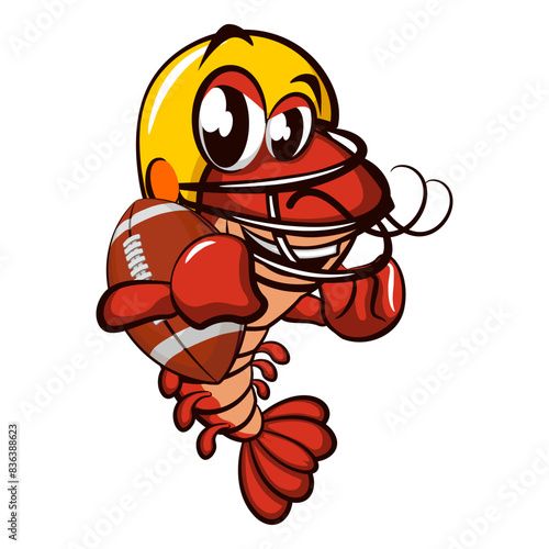 cute shrimp vector character mascot illustration playing american football wearing a helmet and carrying an oval ball, work of hand drawn