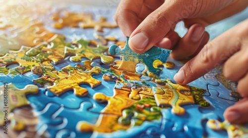 A hand inserting a map-shaped puzzle piece into its place on a vibrant puzzle