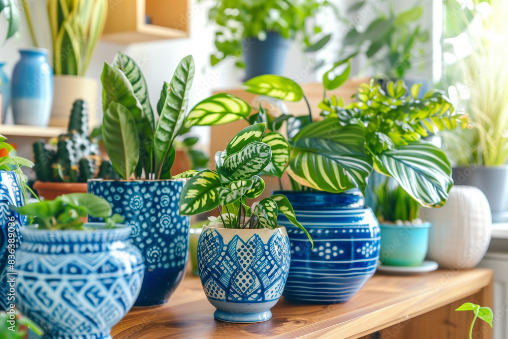 Plants in blue pots on the table Plants in blue pots on the table