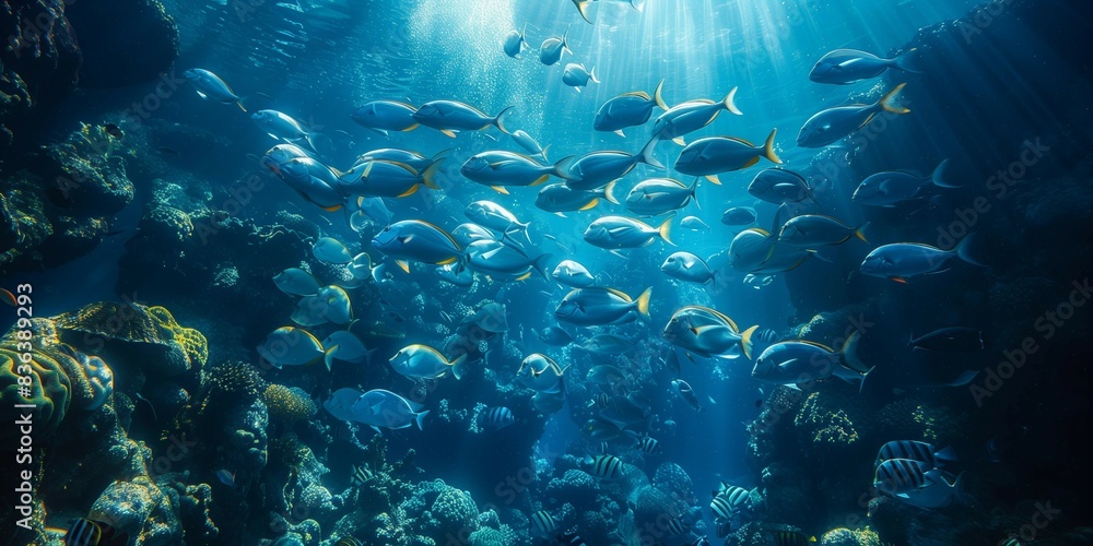 Fototapeta premium Vibrant Underwater World: School of Fish in Unison, generative ai
