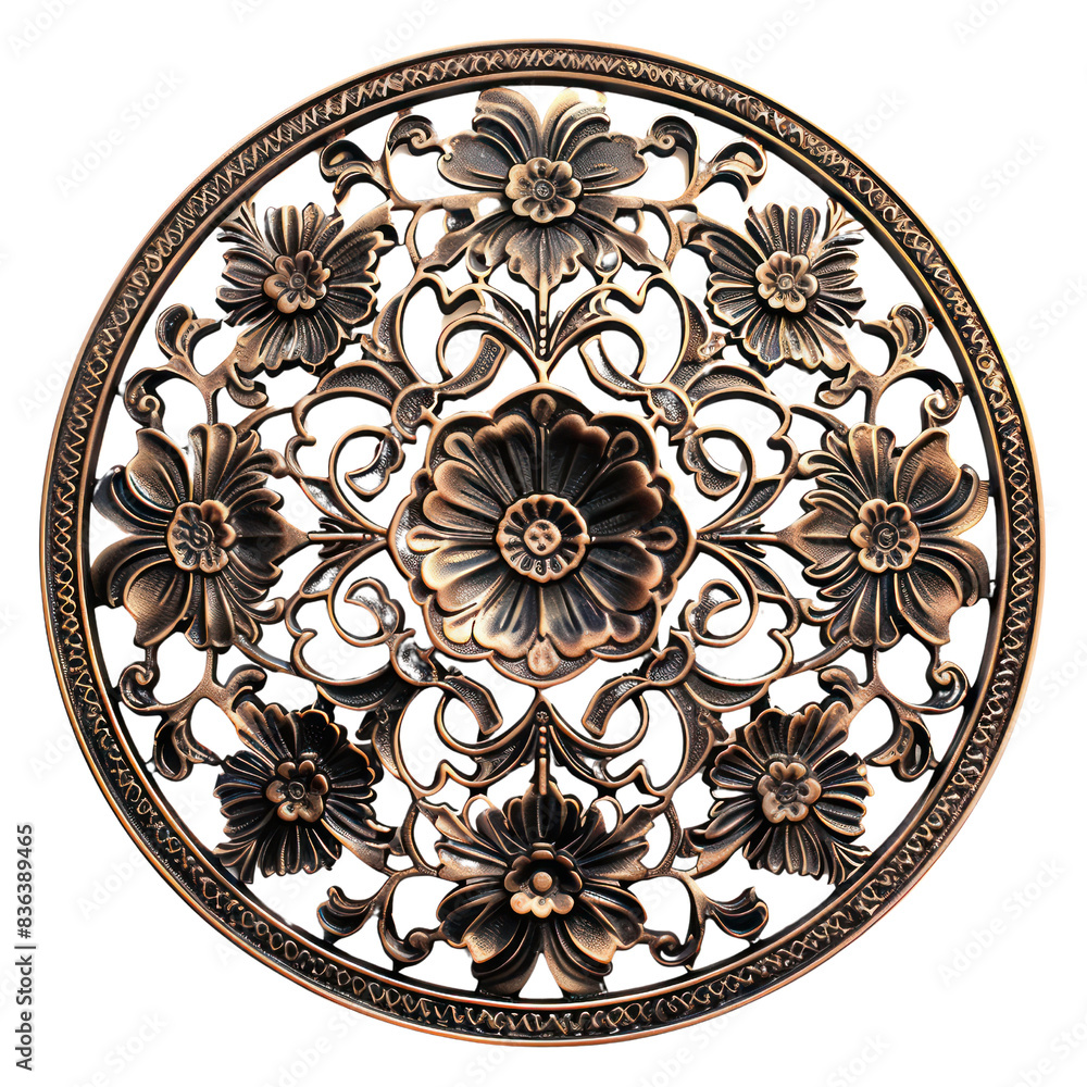 Intricate bronze ornamental wall decor featuring floral patterns and elegant details, perfect for enhancing any interior space or design project. transparent backgrounds Intricate bronze ornamental wall decor featuring floral patterns and elegant details, perfect for enhancing any interior space or design project. transparent backgrounds