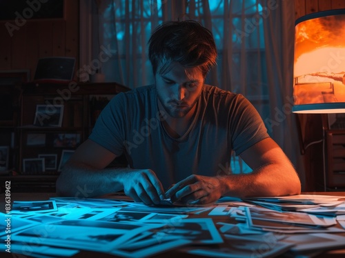 In a dimly lit room illuminated by a lamp, a man examines multiple printed photographs spread on a desk photo