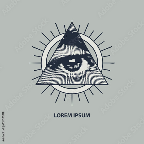 The eye of Providence in a triangular pyramid and the inscription. Monochrome icon of the Masonic sign of the All-Seeing Eye of God on gray background. Vector banner in vintage style