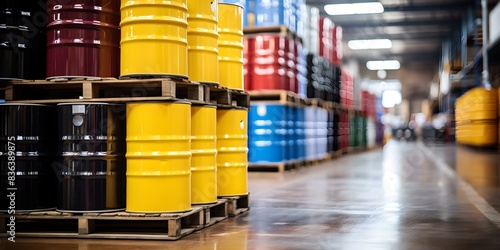 Storage of industrial lubricant oils in barrels at a manufacturing plant. Concept Industrial lubricant oils, Barrel storage, Manufacturing plant, Storage safety, Oil handling