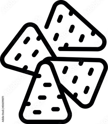 Simple black and white line art illustration of triangular nacho chips