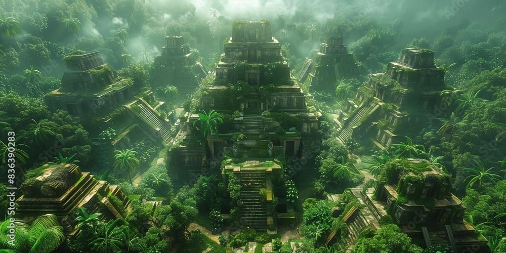 Naklejka premium Ancient Empire Overgrown by Lush Greenery, generative ai
